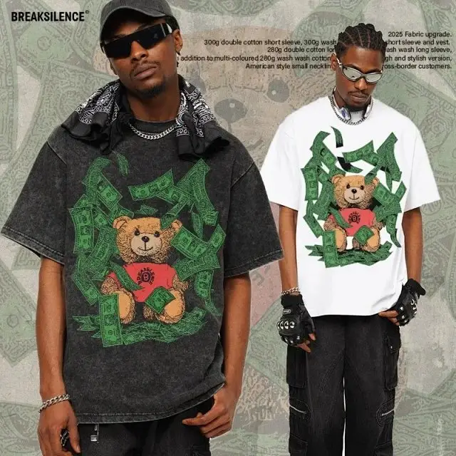 2025 Summer Men's Heavyweight Washed Printed Short-Sleeve T-Shirt