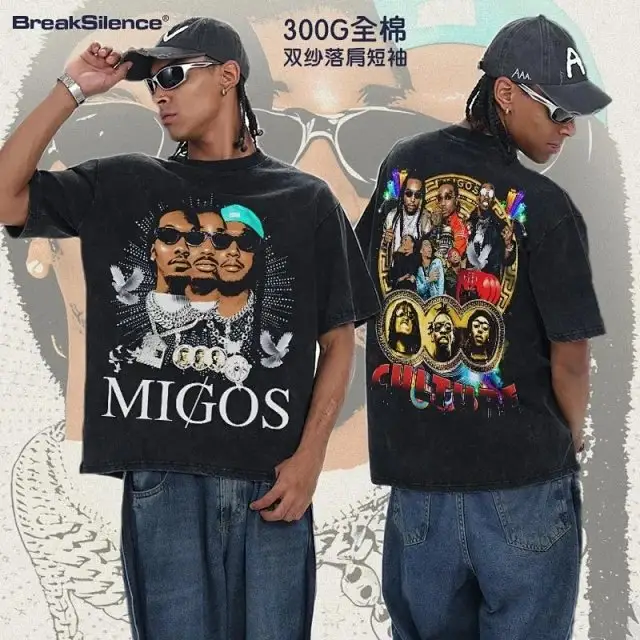 2026 Hip-Hop Washed Heavyweight 100% Cotton Short Sleeve T-Shirt for Men